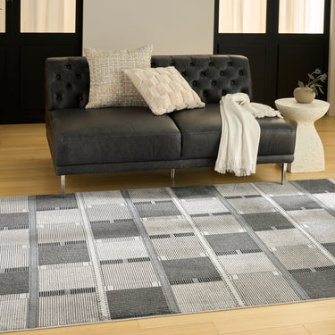 Nourison Nordic NRC09 Scandinavian Design Grey Black Geometric Textured Checked Rug