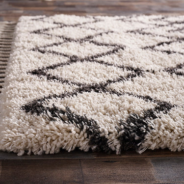 Origins Morocco Traditional Modern Tribal Berber Shaggy Tasseled Rug in Charcoal and Ivory