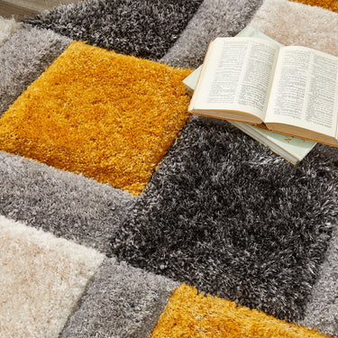 Origins 3D Geo Silky Diamond Ochre Yellow Grey Hand-Carved Shaggy Geometric Rug