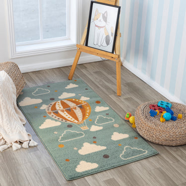 Ankara AKR2359 Kids Playful Air Balloon Nursery Bedroom & Playroom Blue Multi Rug for Child Room