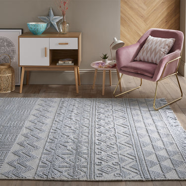 Anya ANR01 Rug Hand Made Wool Geometric Traditional Modern Bohomian Tribal Fringed  Rug in Duck Egg