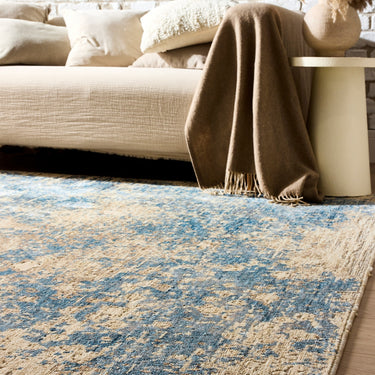 Oren Blue and Cream Soft Silky Modern Abstract Rug