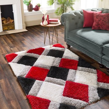 Origins 3D Geo Silky Diamond Red Hand-Carved Shaggy Geometric Rug