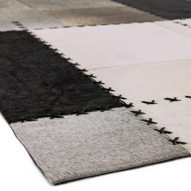 Asiatic London Xylo Sewn Cowhide Patchwork Leather Black Mono Handmade Geometric Textured Rug 200x290 cm
