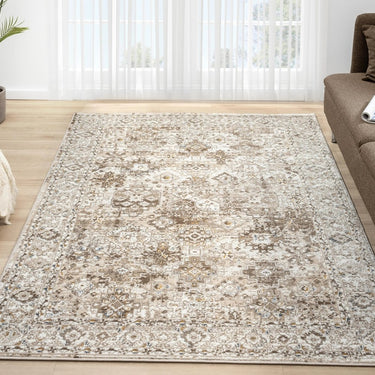 550AC Cream Beige Traditional Vintage Textured Bordered Hallway Runner Rug - Small 80x150 cm (2'6"x5')