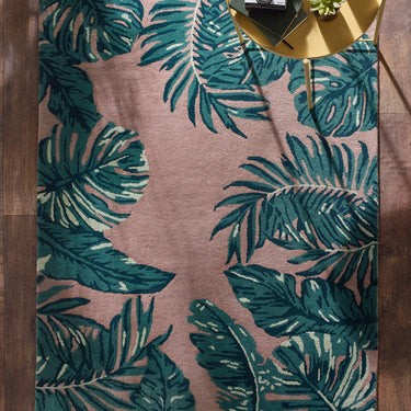 Tropical Green Leaves Hand Tufted Wool Rug in Blush Pink