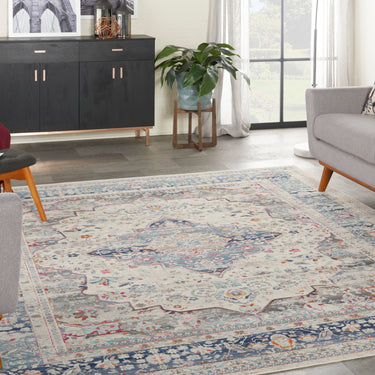 Nourison Kashan VKA07 Medallion Bordered Classic Ivory Blue Polypropylene Persian Traditional Rug 269x349 cm