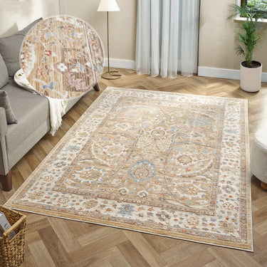 Alia Viana Beige Cream Traditional Floral Bordered Rug