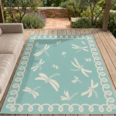 New Terrace Dragonfly Aqua Blue Polypropylene Bordered Modern Rug - XX-Large 240x340 cm (8'x11'2")