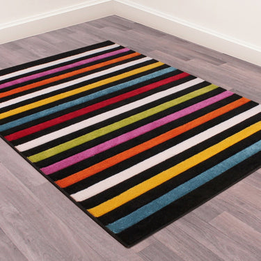 Spectra Carved Stilo Geometric Striped Rainbow Bright Multi Coloured Soft Rug Runner Round
