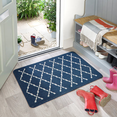 My Stain Resistant Arbor Navy Blue Washable Non-Slip Polypropylene Geometric Hallway Runner Rug
