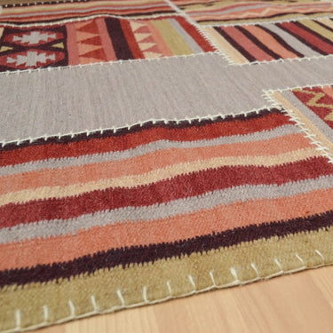 Kelims KP01 Hand Woven Tribal Traditional Patchwork Kilim Rug in Red Grey