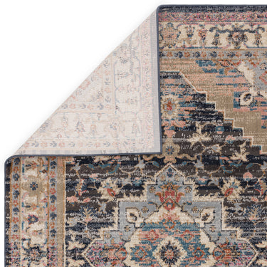 Zola Razan Vintage Traditional Persian Silky Rug in Shiny Charcoal Blue Pink Cream