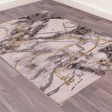 Bianco 185KA Luxurious Abstract Marbled Design Rug in Cream Gold and Dark Grey Silver