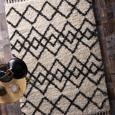Origins Morocco Traditional Modern Tribal Berber Shaggy Tasseled Rug in Charcoal and Ivory