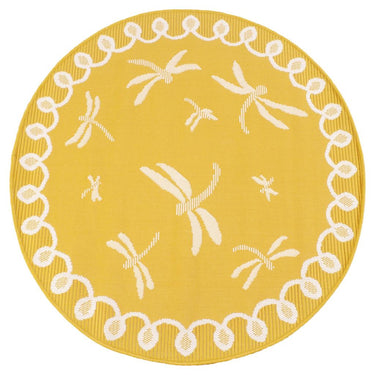 Terrace Dragonfly Outdoor Bordered Circle Round Rug in Terracotta, Blue, Gold, Teal and Natural