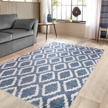 Washable Como Diamond Soft Chenille Bohomian Rug in Blue 160 x 230 cm - Large 160x230 cm (5'3"x7'7")