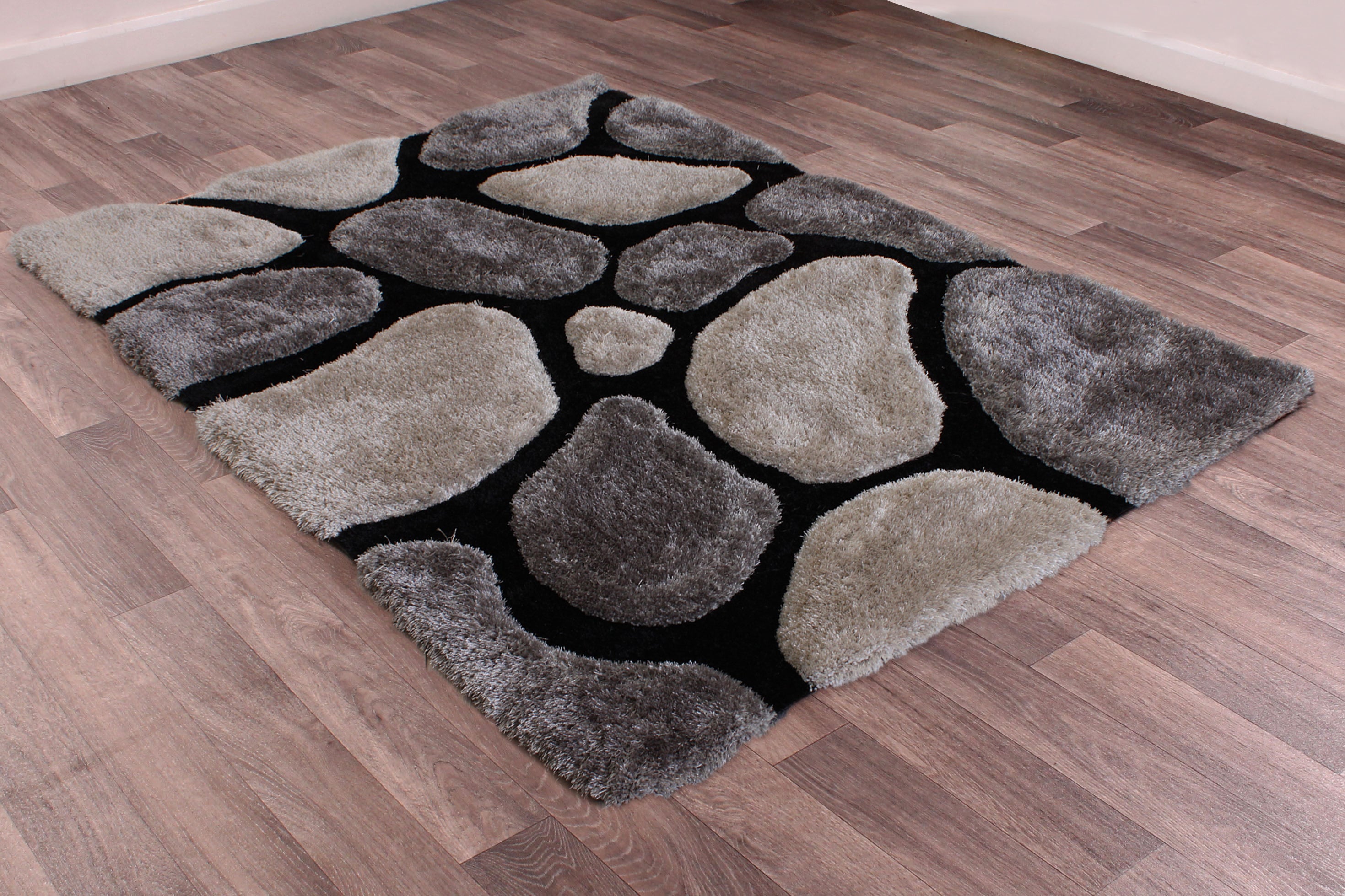 Stone Shape Rug Modern 3D Carved Stepping Stones Soft Silky Shaggy Small Rug in Black ...