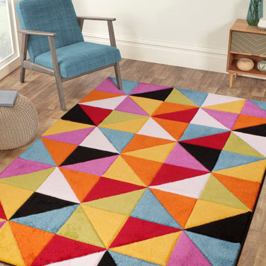 Spectra Carved Destin Geometric Rainbow Bright Multi Coloured Soft Rug Hallway Runner Round