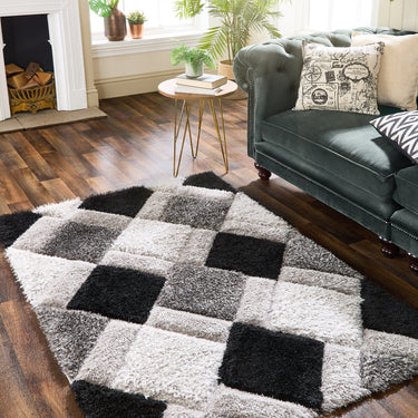 Origins 3D Geo Silky Diamond Grey Black Hand-Carved Shaggy Geometric Rug