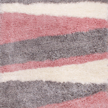 Boston Lightning Stripe Soft Silky Shaggy Rug in Grey Blush Pink, Red, Ochre