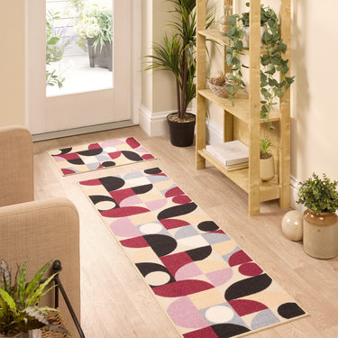 Floormatters Washable Runner and Doormat Set Purple Geo Anti-Slip Mat in 40x60 & 50x150 cm