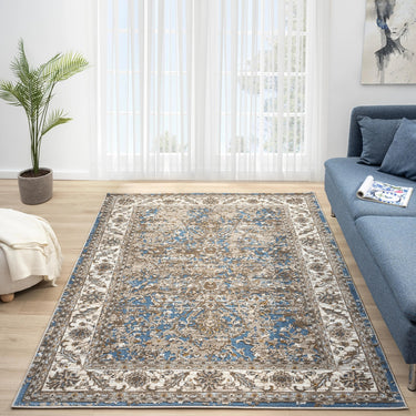 URCO 553A2 Classic Blue Traditional Vintage Textured Bordered Hallway Runner Rug