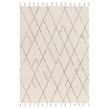 Nepal Cream Blue Linear Bohomian Berber Hand Woven Wool Fringed Rug