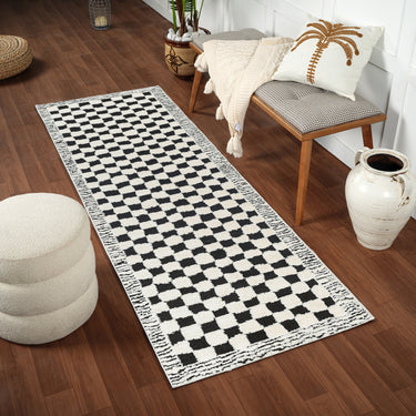 Freud Modern High Pile Checkered Runner Skandi Black & Ivory Rug
