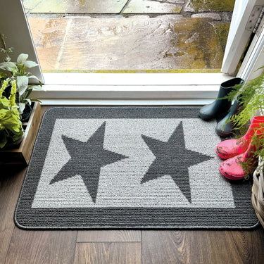 My Stain Resistant Durable Charcoal Star Washable Non-Slip Polypropylene Bordered Hallway Runner Rug - 67x100 cm (2'3"x3'3")