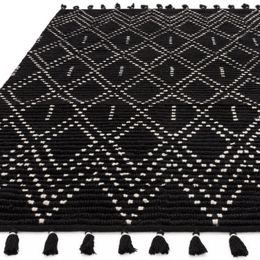 Nepal Black Cream Diamond Bohomian Berber Hand Woven Wool Fringed Rug