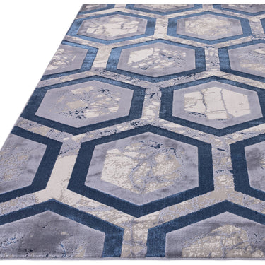 Aurora Hexagon AU19 Geometric Marbled Shiny Blue Grey Rug