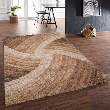 3D Stella Silky Living Shaggy Geometric Textured Rug - Brown