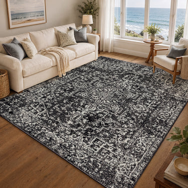 Harput Vintage Traditional Boho Oriental Black, Charcoal & Light Slate Rug