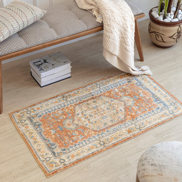 Lillian Traditional Washable Vintage Oriental Orange, Ivory & Blue Rug